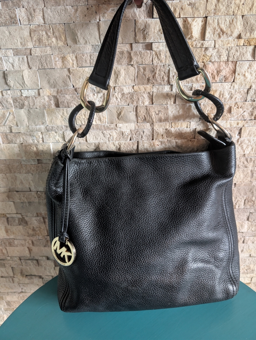Michael Kors Black Leather Hobo Purse Bag With Gold Chain Detail Single Strap